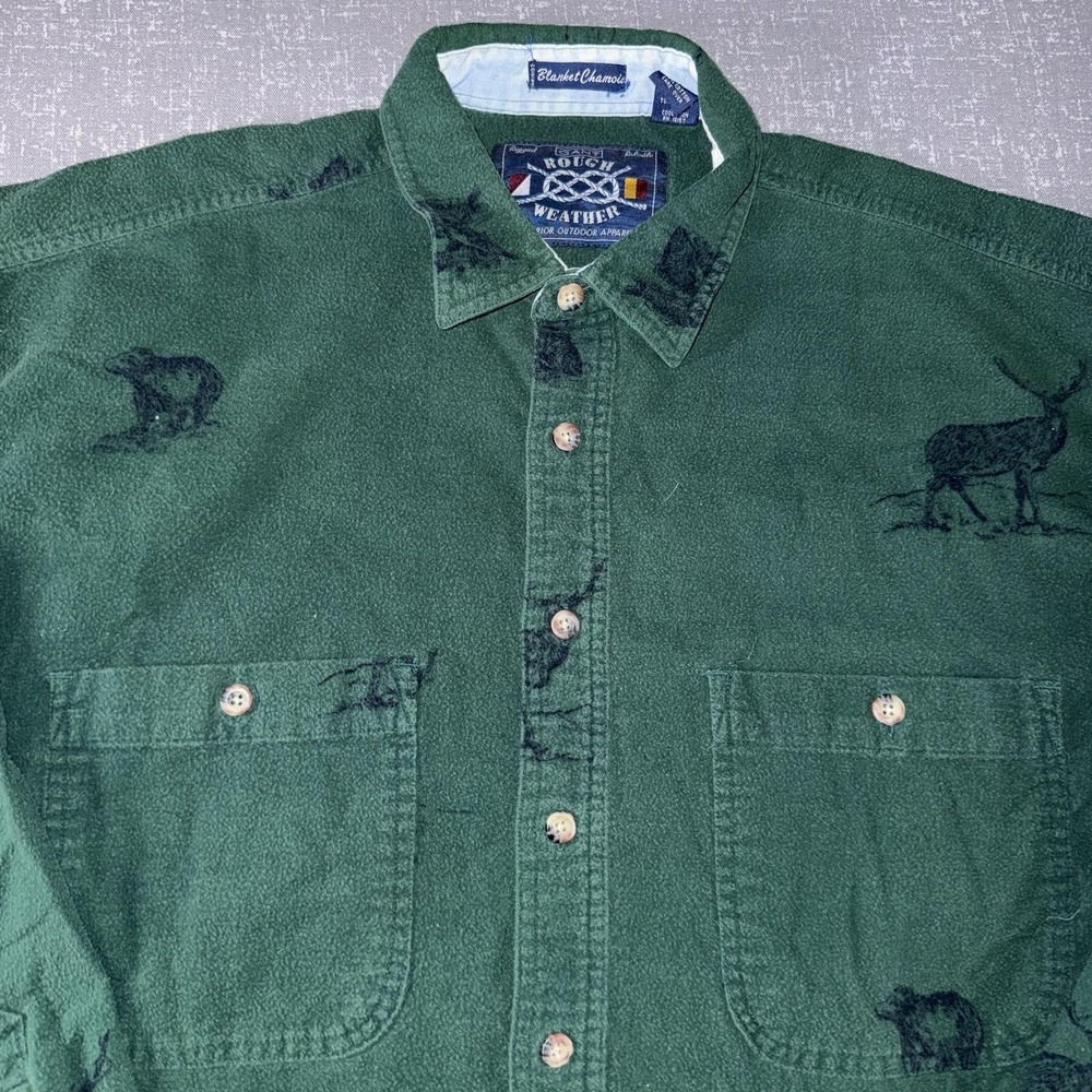 Vintage Gant Rough Weather Shirt Mens XL Green Deer Bear Flannel Hunting Chamois - Picture 3 of 10